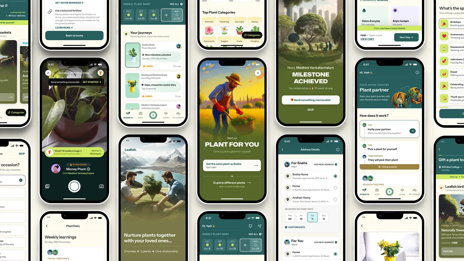 A wall of phone screens from the Leafish app